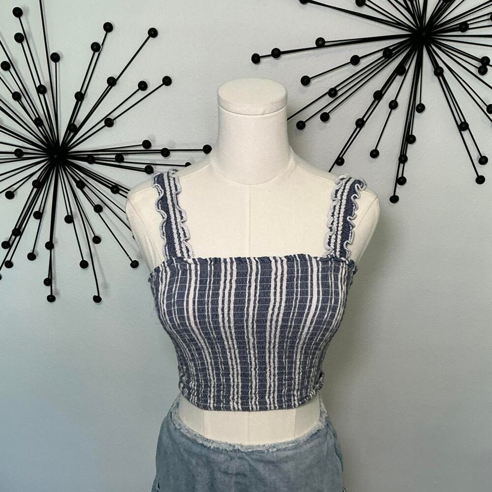 Hollister blue white striped smocked crop top ruffle straps Y2K